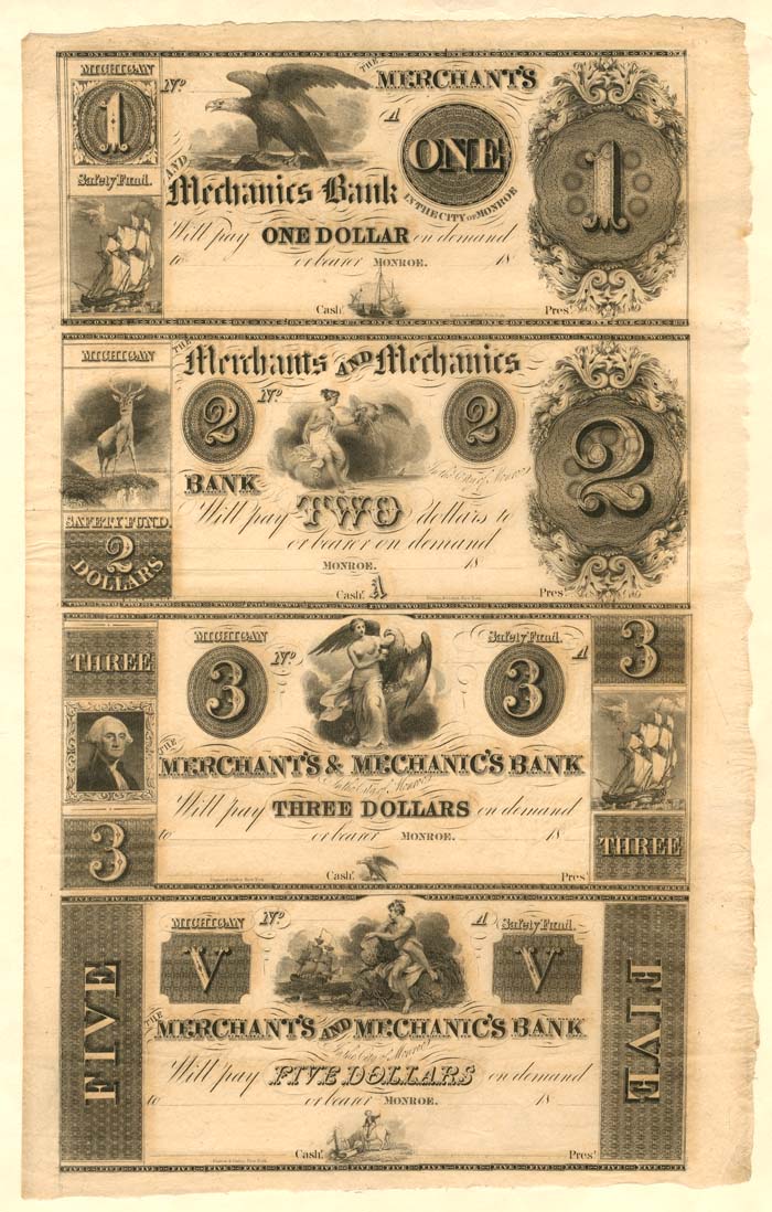 Merchant's and Mechanics Bank - Uncut Obsolete Sheet - Broken Bank Notes - Monroe, Michigan